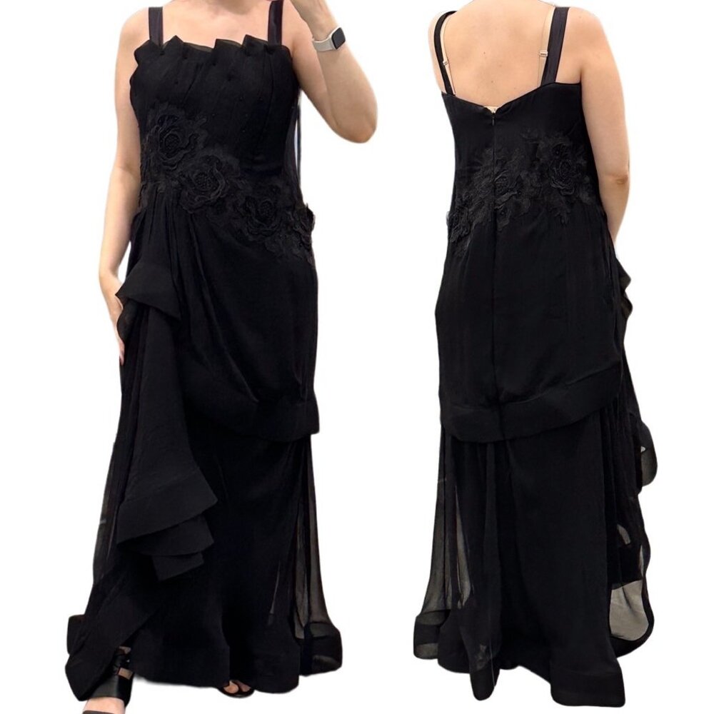 Alex TeIH Silk Layered Tufted Pintuck Rhinestone Gown Maxi Dress in Black Size S